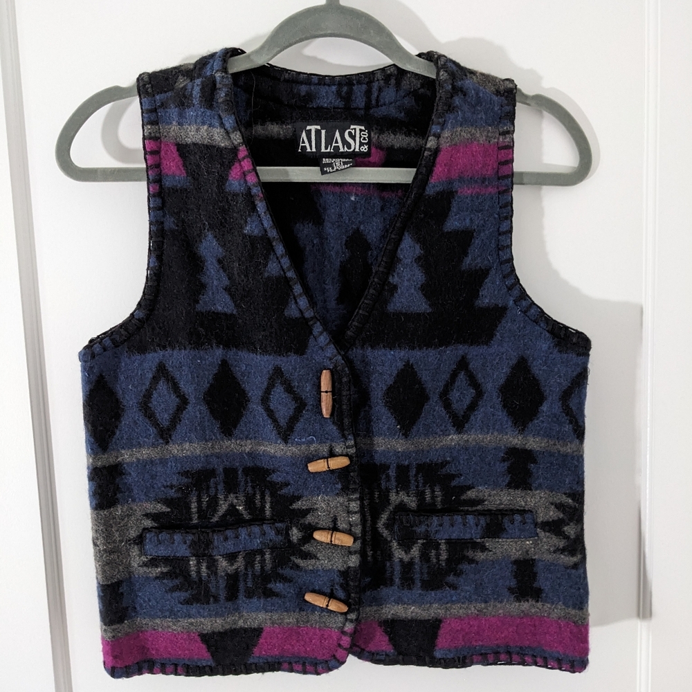 Vintage AtLast Wool Western Aztec Print Native Vest Women's Small Boho Toggle